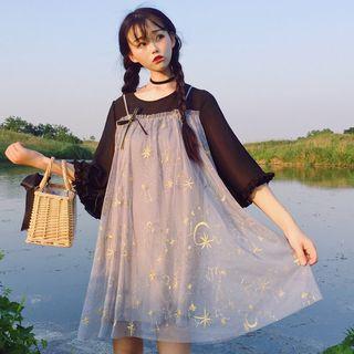 Elbow-sleeve Embroidered Mock Two-piece Dress