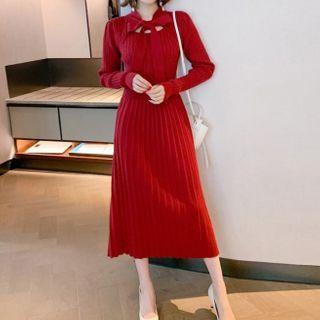 Long-sleeve Bow Accent Knit Midi A-line Dress