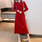 Long-sleeve Bow Accent Knit Midi A-line Dress
