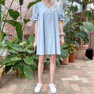 Collarless Puff-sleeve Pleated Dress