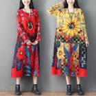 Flower Long-sleeve A-line Midi Dress