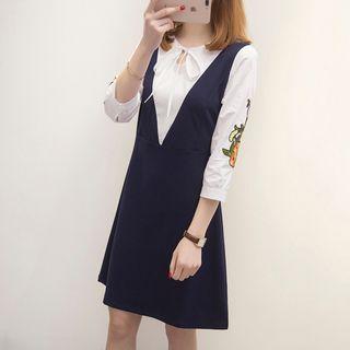 Mock Two-piece Long-sleeve Embroidered A-line Dress