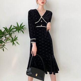 Embroidered Velvet Midi Mermaid Dress