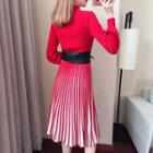 Puff-sleeve Mock-neck Striped A-line Knit Dress