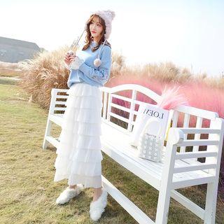 Set: Lace Panel Sweater + Midi Tiered Skirt