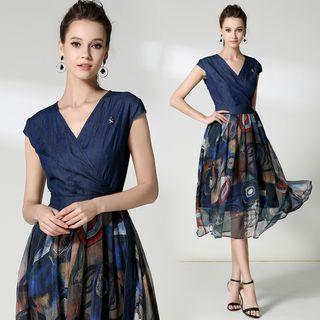 Cap-sleeve Denim Panel Midi Dress
