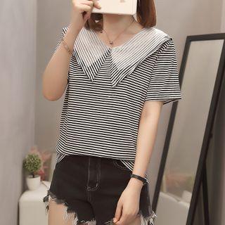 Mesh Panel Collared Striped T-shirt