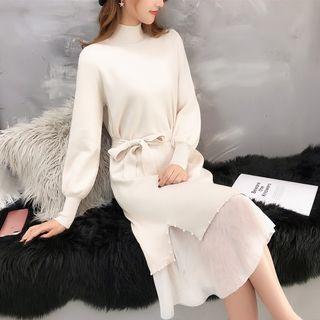 Set: Mock-neck Beaded Long Sweater + Midi Mesh Skirt