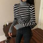 Turtleneck Striped Knit Top Stripe - Black - One Size