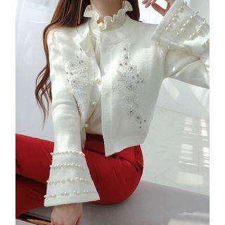 Bell-sleeve Faux-pearl Trim Cardigan