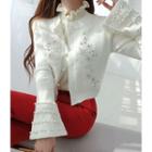 Bell-sleeve Faux-pearl Trim Cardigan