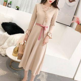 Long-sleeve Frill Trim Midi A-line Knit Dress