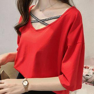 Elbow-sleeve Letter Chiffon Top