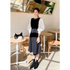 Contrast Puff-sleeve Midi Knit Dress With Sash