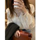 Puff-sleeve Plain Lace Trim Blouse As Shown In Figure - One Size