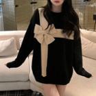Round-neck Color Panel Bow Long-sleeve Sweater Black - One Size