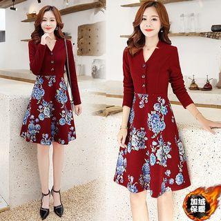 Mock Two-piece 3/4-sleeve Flower Print A-line Dress