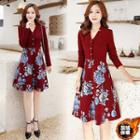 Mock Two-piece 3/4-sleeve Flower Print A-line Dress