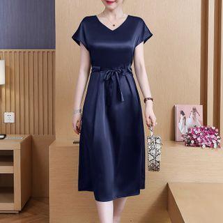 Plain Short-sleeve V-neck Tie-waist Midi A-line Dress