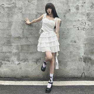 Set: Tie-shoulder Drawstring Camisole Top + A-line Layered Skirt