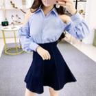 Set : Open Shoulder Long-sleeve Blouse + Mini Skirt