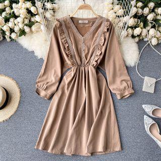 V-neck Long-sleeve Ruffle Lace Dress