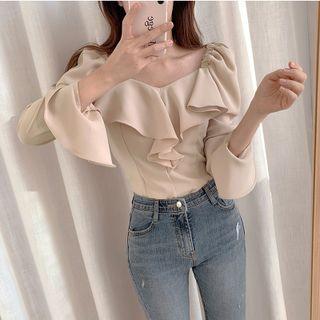 Long-sleeve Square-neck Ruffled Chiffon Blouse