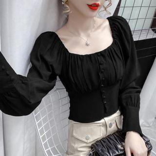 Long-sleeve Plain Square-neck Cropped Top