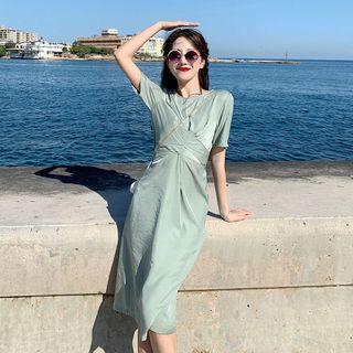 Short-sleeve Drawstring-waist Dress Green - One Size