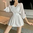 V-neck Elbow-sleeve Blouse / Wide-leg Shorts / Camisole / Set
