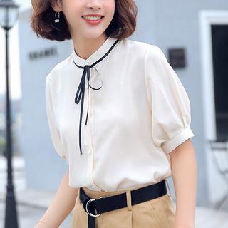Lace Up Elbow-sleeve Chiffon Blouse