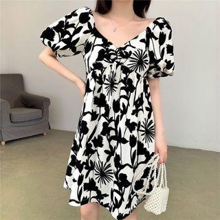Flower Print Short-sleeve Mini A-line Dress Black Flowers - White - One Size