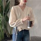 Long Sleeve V Neck Lace-up Plain Shirt