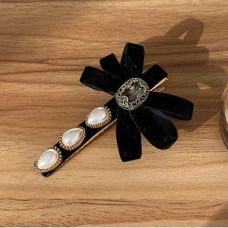 Bow Velvet Faux Pearl Hair Clip Black - One Size
