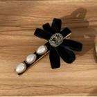 Bow Velvet Faux Pearl Hair Clip Black - One Size