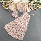 Set: Cutout Floral Print Blouse + Midi A-line Skirt