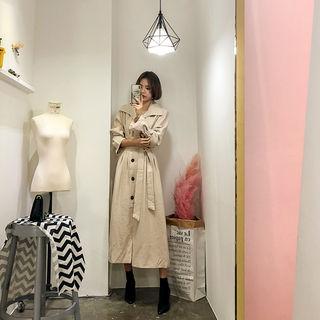 Wide-collar Buttoned Coat With Sash