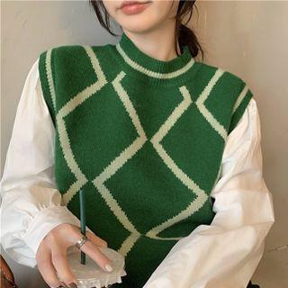 Mock Two-piece Argyle Knit Panel Crop Top