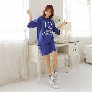 Set: 3/4-sleeve Lettering T-shirt + Band-waist Skirt