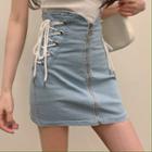 Zip-front Lace-up Denim Pencil Skirt