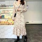Floral Print Long-sleeve A-line Midi Dress Yellow - One Size