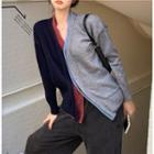 Color-block Loose-fit Cardigan Gray & Black - One Size