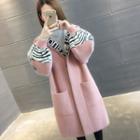 Striped Panel Hooded Buttoned Knit Coat