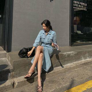 Tab-waist Maxi Denim Shirtdress Light Blue - One Size