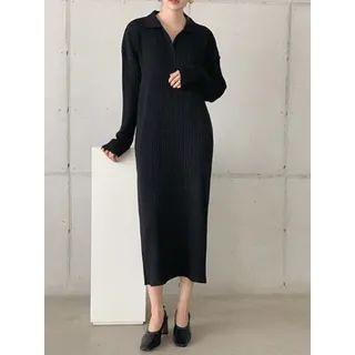 Collared Rib-knit Long Dress