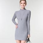 Mock Neck Ribbed Knit Long Sleeve Dress