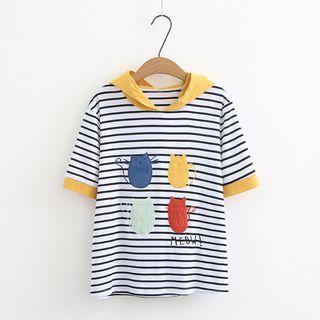 Short-sleeve Cat Applique Hooded T-shirt