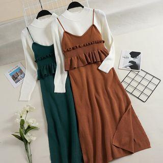 Set: Long-sleeve Knit Top + Strappy Knitted Midi Dress