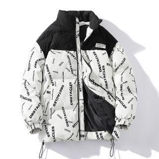 Lettering Print Color Block Padding Jacket