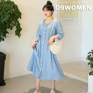 Plus Size Buttoned Pinstriped Midi Dress